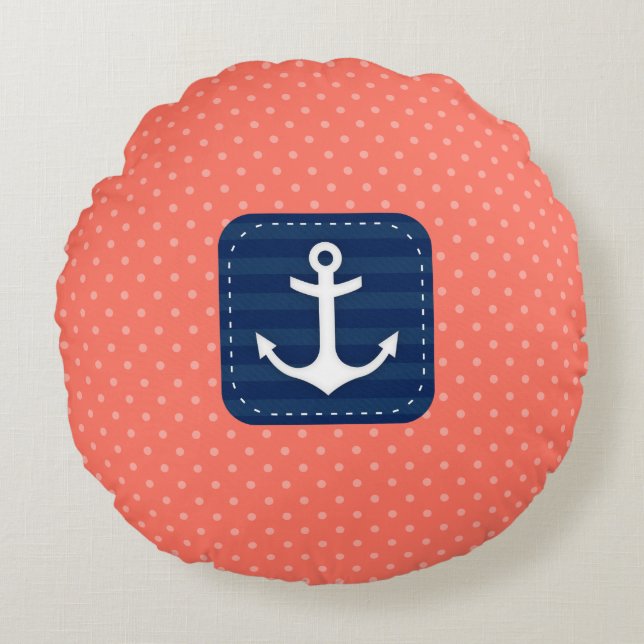 Coussins Ronds Motif Nautique Coral Polka Ancre Bleue Marine (Devant)