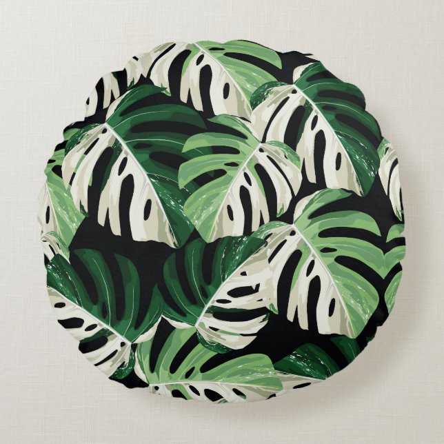 Coussins Ronds Motif noir extérieur de feuille Monstera (Devant)