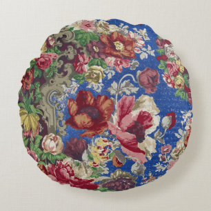 Coussins Ronds Motif ornemental de rose victorienne bleu royal