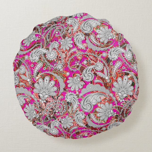 Coussins Ronds Motif paisley blanc rose (Dos)