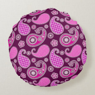 Coussins Ronds Motif Paisley, rose fuchsia, violet et blanc