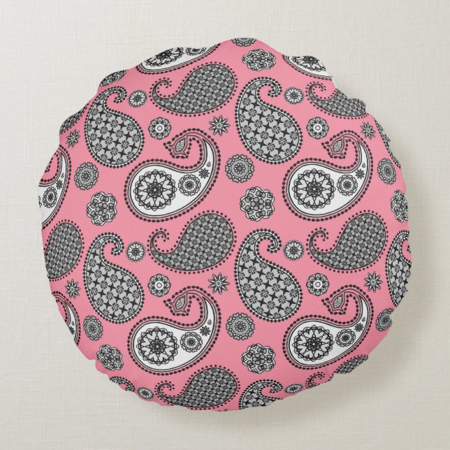 Coussins Ronds Motif Paisley, tons gris sur rose (Dos)