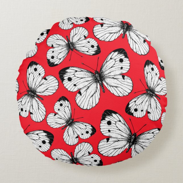 Coussins Ronds Motif papillon de chou sur rouge (Devant)
