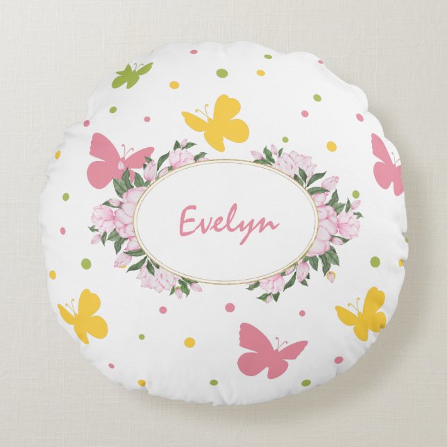 Coussins Ronds Motif Pastel Butterfly avec Fleurs et Nom (Devant)