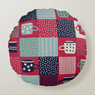 Coussins Ronds Motif, patchwork avec tasses dessinées à la main,