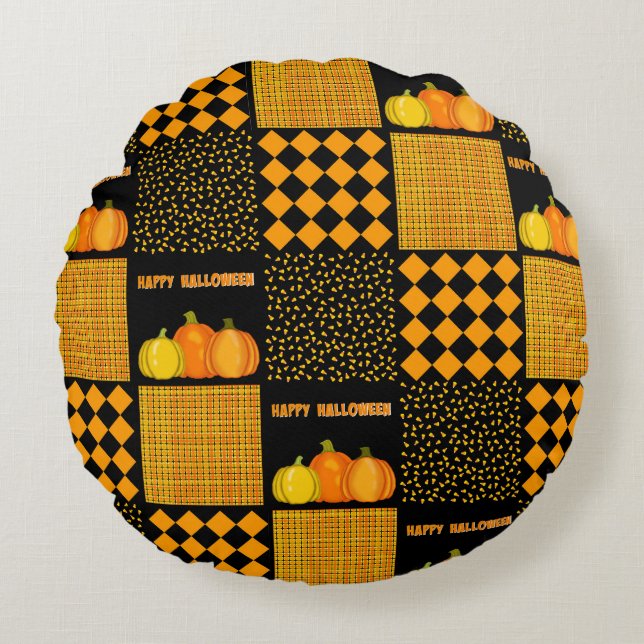 Coussins Ronds Motif Patchwork Citrouille Halloween (Devant)