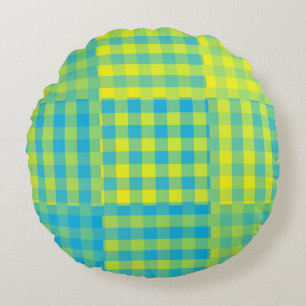 Coussins Ronds Motif Patchwork Damier Bleu Jaune