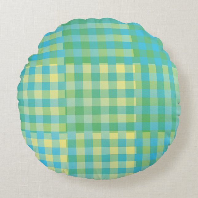 Coussins Ronds Motif Patchwork Damier Vert Bleu Jaune (Devant)