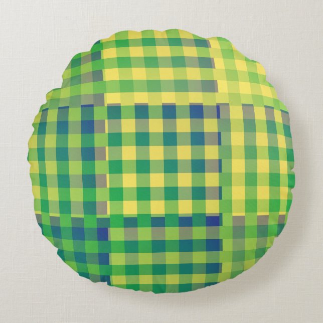 Coussins Ronds Motif Patchwork Damier Vert Bleu Jaune (Devant)