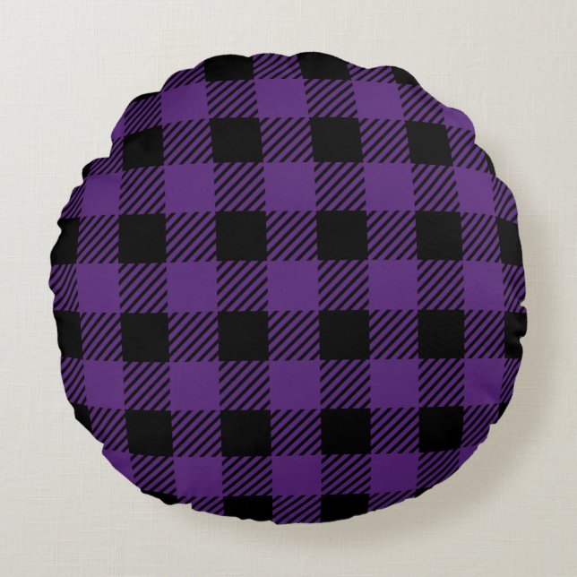 Coussins Ronds Motif Plaid de Buffalo violet et noir (Devant)
