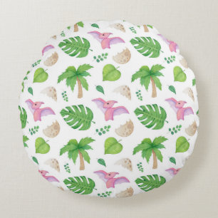 Coussins Ronds Motif Ptérodactyle Rose et Feuillage Tropical