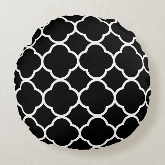 Coussins Ronds Motif Quatrefoil Cool Élégant Noir Et Blanc (Devant)