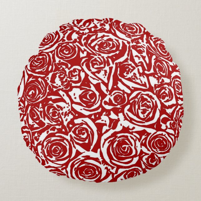 Coussins Ronds Motif Rose Abstrait moderne, rouge foncé et blanc (Devant)