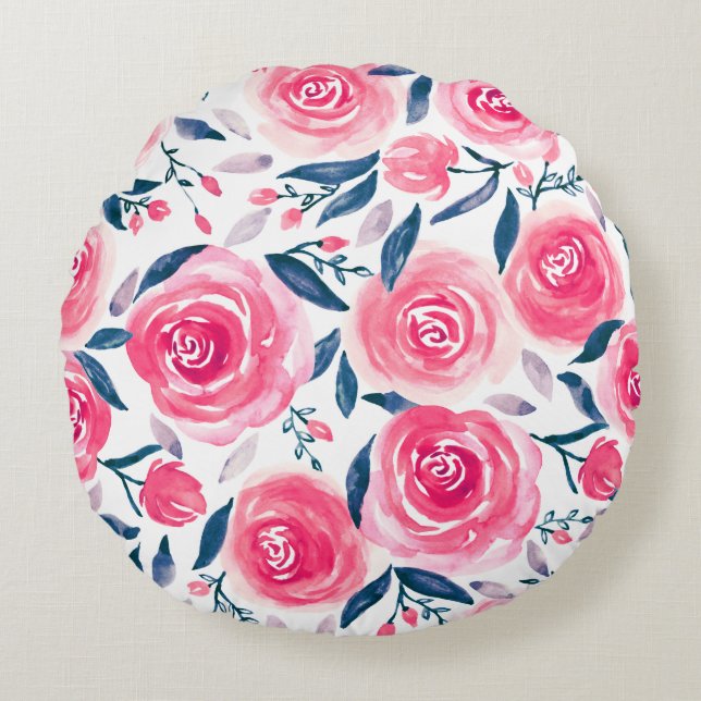 Coussins Ronds Motif Rose d'aquarelle rose (Devant)