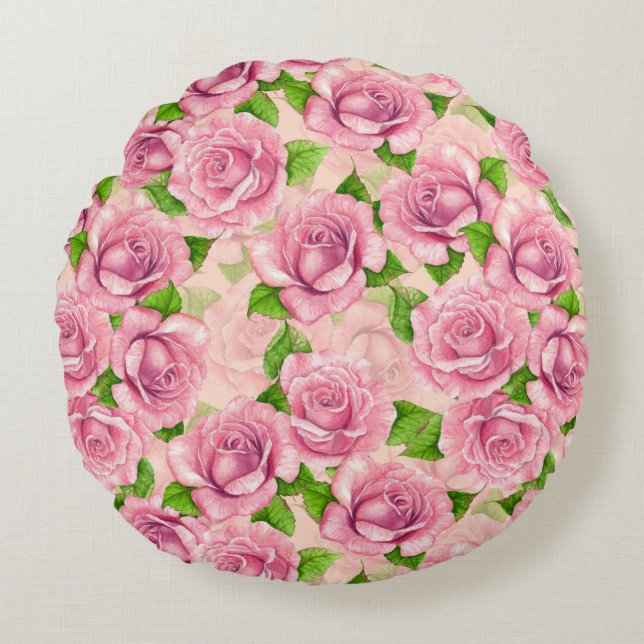 Coussins Ronds Motif rose d'aquarelle rose (Devant)
