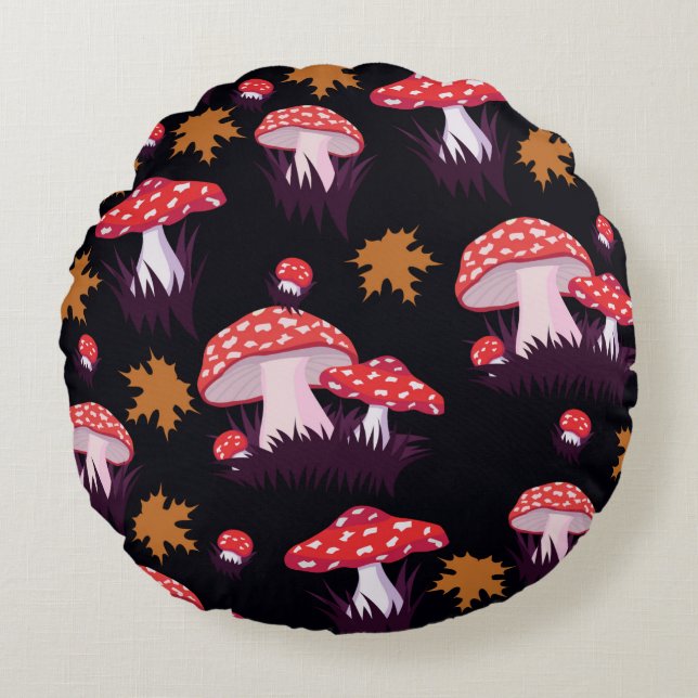 Coussins Ronds Motif sans couture avec agaric mouche et feuilles  (Devant)