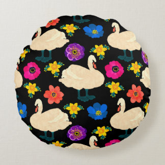 Coussins Ronds Motif sans couture avec cygnes et fleurs, dessiner