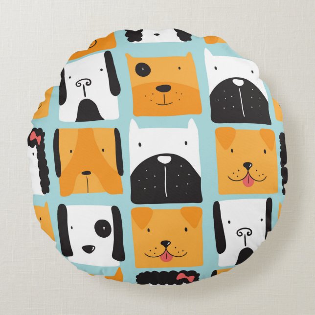 Coussins Ronds Motif sans couture avec des chiens mignons.  (Devant)