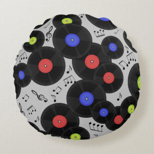 Coussins Ronds Motif sans couture avec disques vinyles et notes.