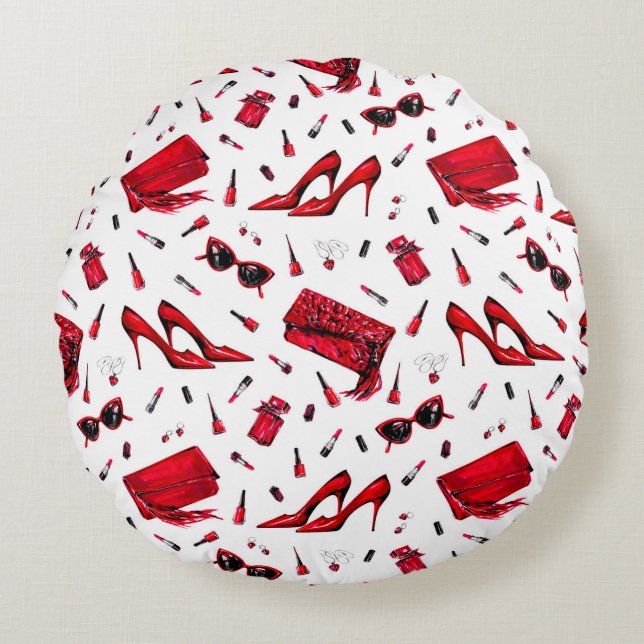 Coussins Ronds Motif sans couture avec les petites choses en roug (Devant)