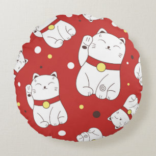 Coussins Ronds Motif sans couture avec Maneki-Neko chat dessiné à
