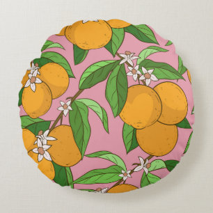 Coussins Ronds Motif sans couture avec oranges, feuilles, fleurs