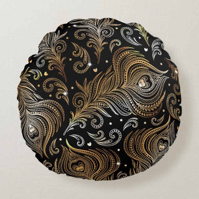 Coussins Ronds Motif sans couture avec plumes de paon. D libre (Devant)
