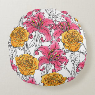 Coussins Ronds Motif sans couture avec roses et lys. Main dessin