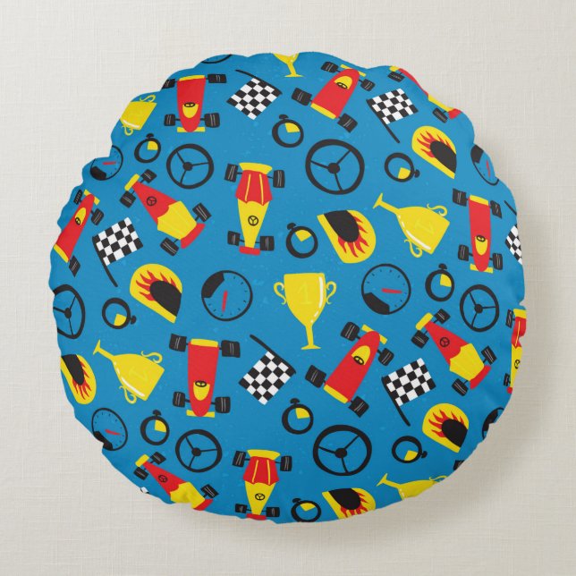 Coussins Ronds Motif sans couture avec voitures de course.  (Devant)