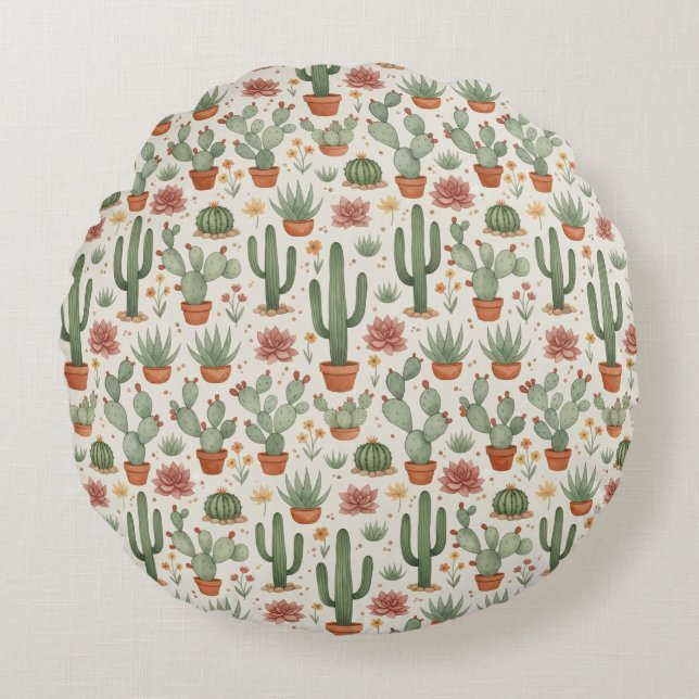 Coussins Ronds Motif sans couture de cactus de désert succulent (Devant)