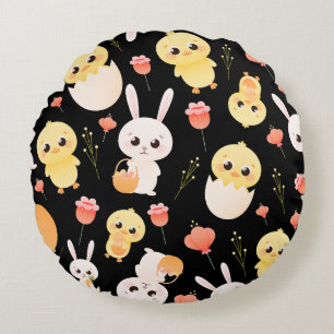 Coussins Ronds Motif sans couture de poussins et de lapins de Pâq