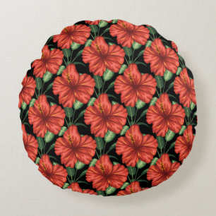 Coussins Ronds Motif sans couture Fleurs rouges tropicales feuill