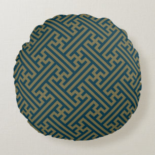 Coussins Ronds Motif Sayagata, Japonais, Or et Bleu Nuit
