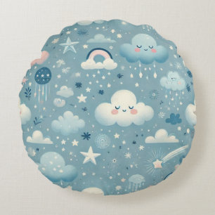 Coussins Ronds Motif Sky Whimsical avec nuages, étoiles - Bleu