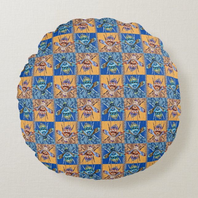 Coussins Ronds Motif textile de style patchwork de guêpe (Devant)