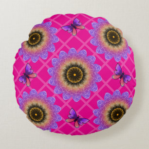 Coussins Ronds Motif Tournesol et Papillon en Velours Violet
