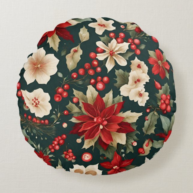 Coussins Ronds Motif traditionnel de Noël avec fleurs (Devant)