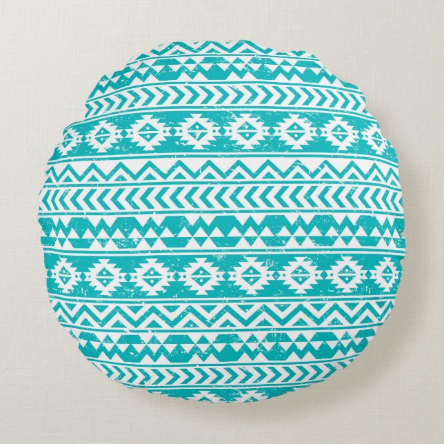 Coussins Ronds Motif tribal aztèque grunge turquoise (Devant)