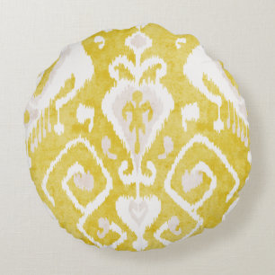 Coussins Ronds motif tribal chic jaune et gris damask ikat