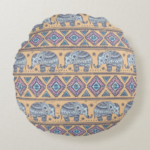 Coussins Ronds Motif tribal d'éléphant ethnique bleu