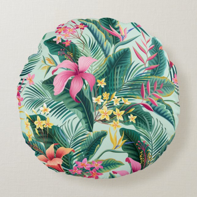 Coussins Ronds motif tropical fleuri sans coutures avec hibiscus  (Devant)