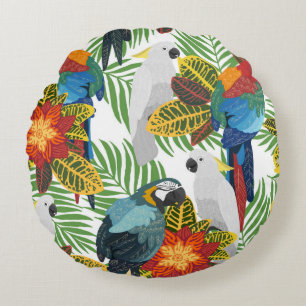 Coussins Ronds Motif tropical sans couture avec perroquets.