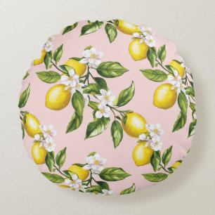 Coussins Ronds Motif vintage citron et fleurs sur rose (2)