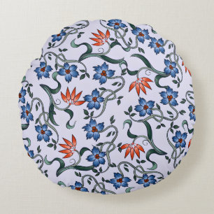 Coussins Ronds Motifs floraux bleus vibrants avec des vignes vert