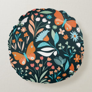 Coussins Ronds Mouches florales et papillons, patte décorative sa