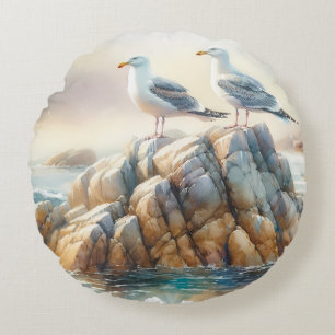 Coussins Ronds Mouettes côtières aquarelle paysage marin