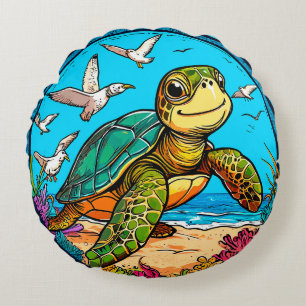 Coussins Ronds 🐢 Mouettes Mignonnes Tortues Océan Plage Design A