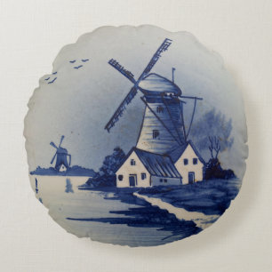 Coussins Ronds Moulin à vent bleu blanc Delft antique