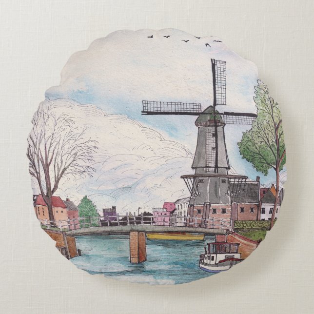 Coussins Ronds Moulin De Adriaan Haarlem Pays-Bas Aquarelle (Devant)