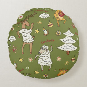 Coussins Ronds Moutons de Noël : Illustration Vintage animale.